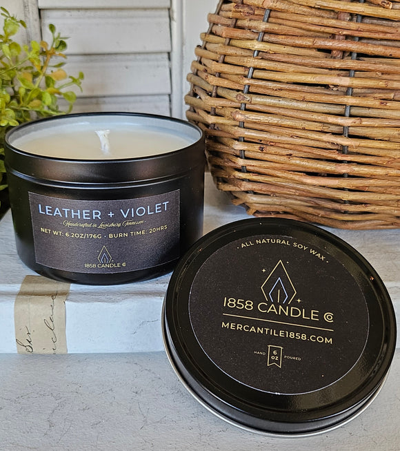 Leather + Violet 6oz Soy Candle in Travel Tin