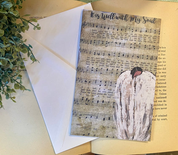 Original D. Vaughn Hand-Painted Angel & It Is Well Hymn Black Card