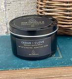 Cedar + Clove 6 oz Soy Candle in Black Travel Tin