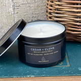 Cedar + Clove 6oz Soy Candle in Black Travel Tin