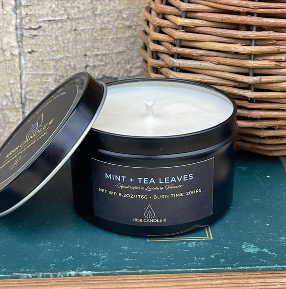 Mint + Tea Leaves 6oz Soy Candle in Travel Tin