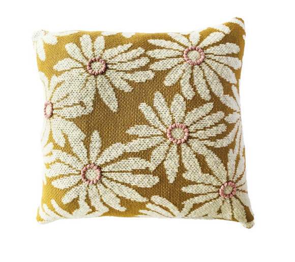 Square Cotton Knit Pillow w/ Flowers & Embroidery