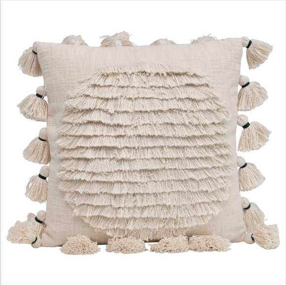 Cotton Embroidered Pillow w/ Fringe & Tassels