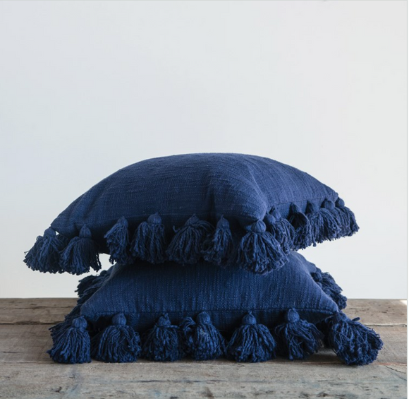 Navy Square Cotton Pillow w/ Tassels