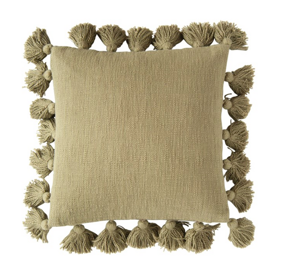 Square Olive Cotton Pillow w/ Tassels