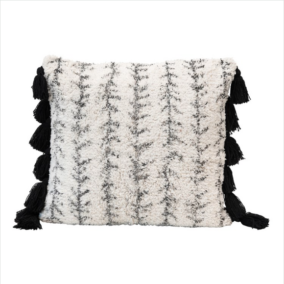 Black and Cream Cotton Printed Tufted Pillow w/ Tassels