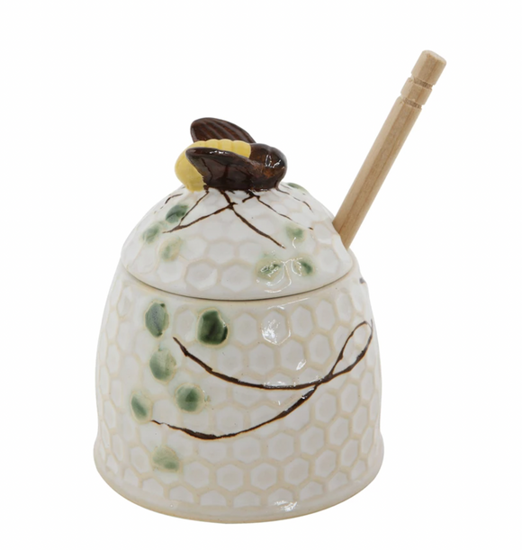 Hand-Painted Stoneware Honey Jar & Dipper