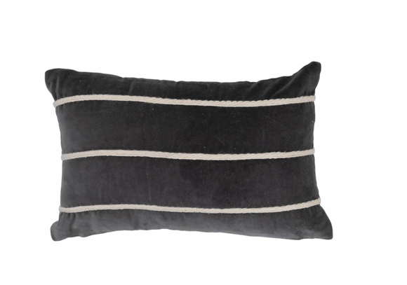 Cotton Velvet Lumbar Pillow w/ Appliqued Stripes