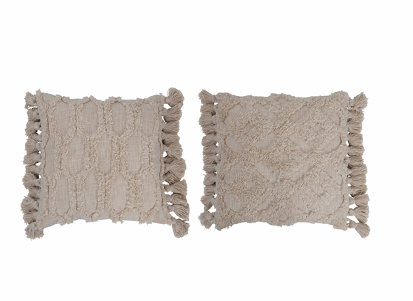 Cotton Slub Pillow w/ Tufted Design & Tassels
