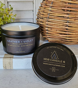 Leather + Violet 6oz Soy Candle in Travel Tin