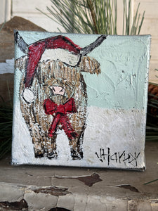 Jill Harper 4" Highland Cow w/Santa Hat Canvas Art