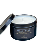 Cedar + Clove 6oz Soy Candle in Black Travel Tin