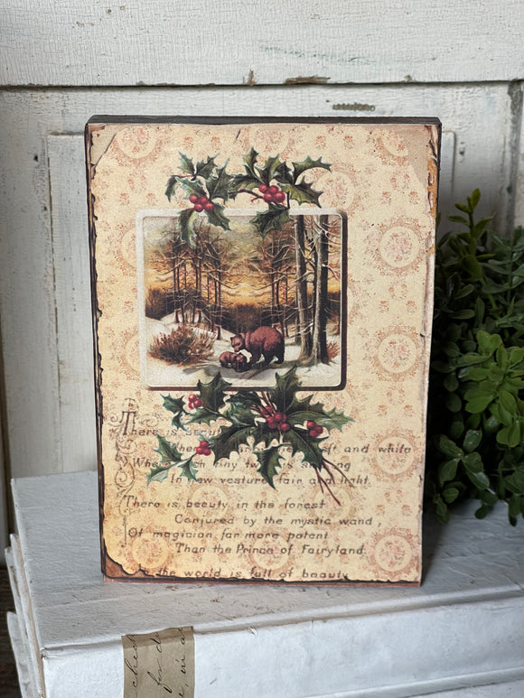 Vintage Inspired Bear Scene with Holly Shelf Sitter With Hanger