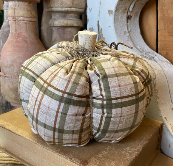 Handmade Olive Plaid Fabric Pumpkin