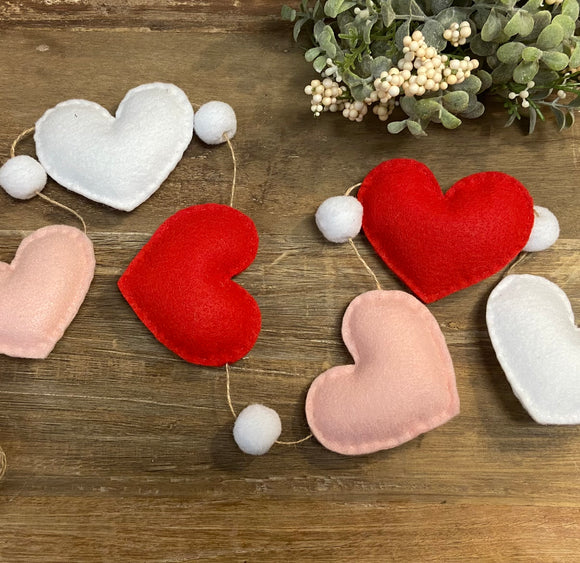 Handmade Felt Pink, Red, & White Hearts & Pompoms Bunting