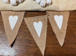 Handmade Glitter White Hearts & Burlap Pennant Banner