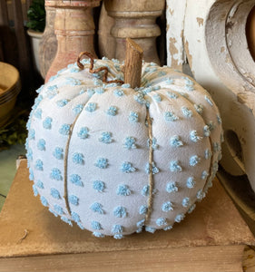 Large Handmade Blue Dotted Vintage Chenille Pumpkin