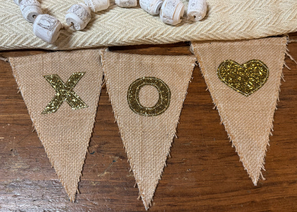 Handmade Gold Glitter XOXO & Hearts  Burlap Pennant Banner