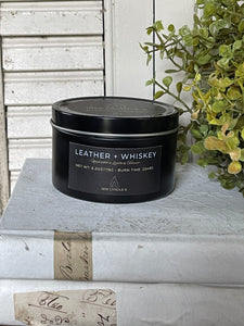 Leather + Whiskey 6oz Soy Candle in Travel Tin