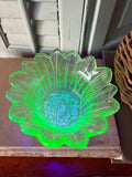 Vintage Green Uranium Glass Flower Bowl