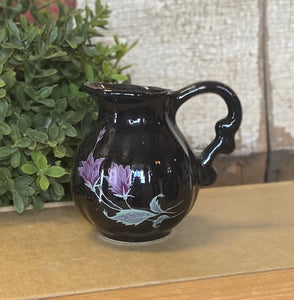 Vintage Black Ceramic Pitcher w/ Floral Design