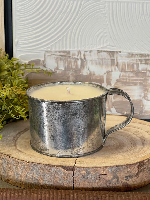 Coconut + Sandalwood 10oz Soy Candle in Vintage Tin Camping Mug