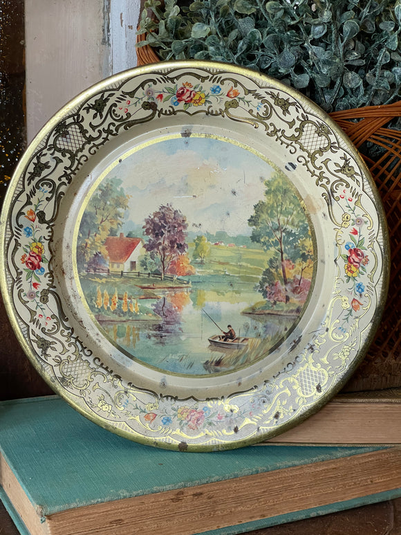 Vintage Tin Plate With Lake Scene Made in Holland
