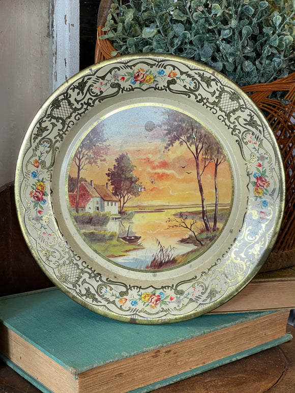 Vintage Tin Plate With Lake Scene Made in Holland
