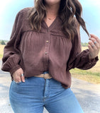 Embroidered Cocoa Babydoll Blouse
