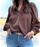 Embroidered Cocoa Babydoll Blouse