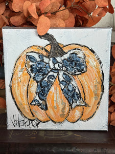 Jill Harper 8" White & Blue Transferware Ribbon Pumpkin Canvas Art