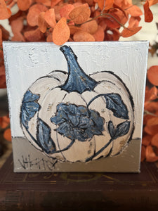Jill Harper 8" White & Blue Transferware Pumpkin Canvas Art
