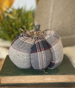 Handmade Navy & Grey Plaid Pumpkin