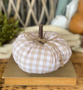Large Handmade Neutral Check Fabric Pumpkin