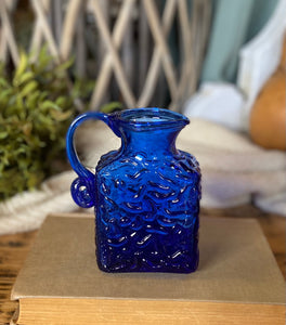 Vintage Cobalt Blue Embossed Glass Pitcher