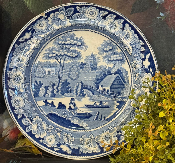 19th Century Thomas Fell Wild Rose Blue & White Ironstone Plate