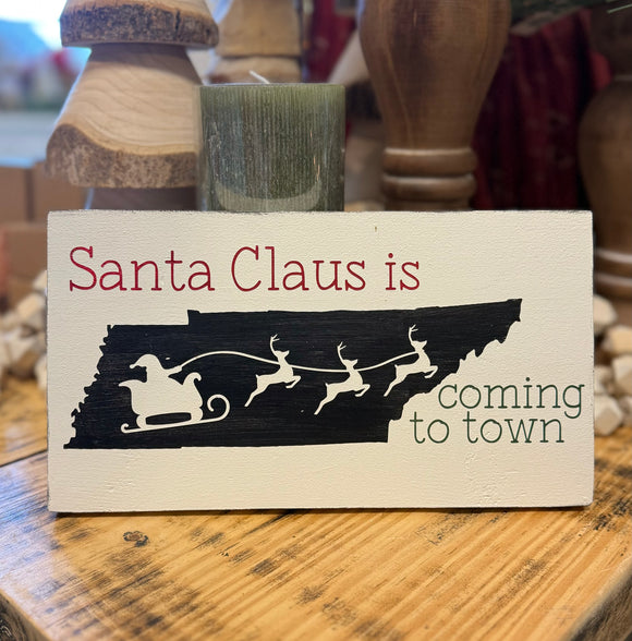 Handmade Red & Green Santa Claus in Coming Wood Sign