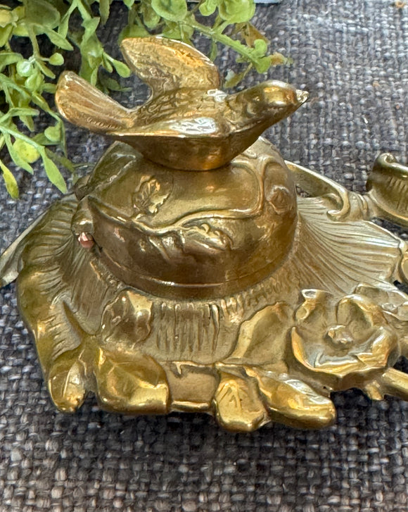 Vintage Ornate Brass Inkwell with Bird Nest Detail