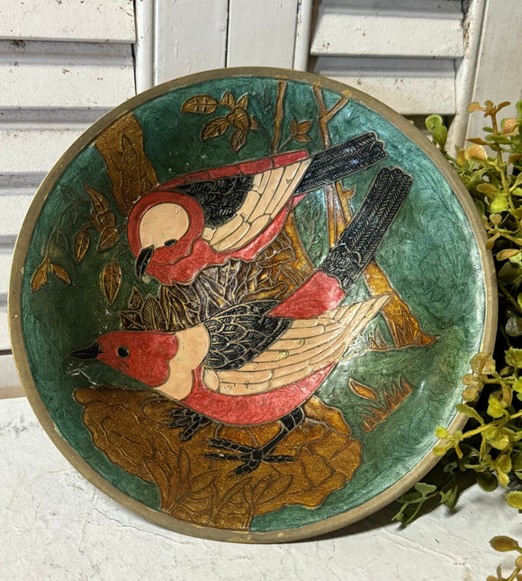 Vintage Enamel Painted Brass Compote