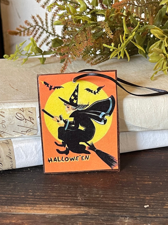 Vintage Inspired Witch on Broomstick with Bats Halloween Hanger