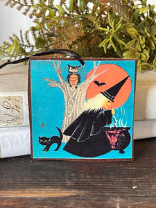 Vintage Inspired Witch with Owl Cat & Bat Halloween Hanger