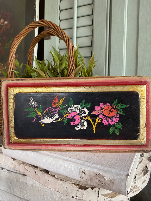 Antique 1800's Chinese Wood Temple Bird and Floral Painted Carving