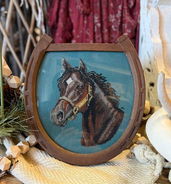 Vintage Cross-stitch Horse Portrait in Horseshoe-Shaped Frame