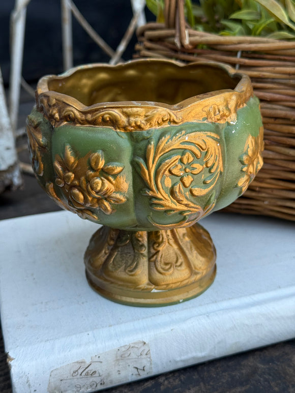 Vintage Green and Gold Pottery Compote