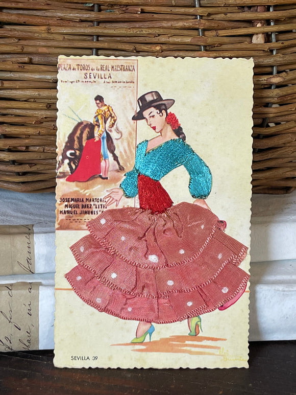 Vintage Postcard from Spain with Stitched Dress and Skirt 1963