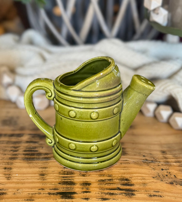 Vintage Japan Green Pottery Watering Can Planter