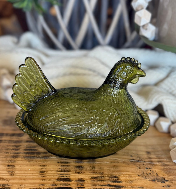 Vintage Green Carnival Glass Hen on a Nest Dish