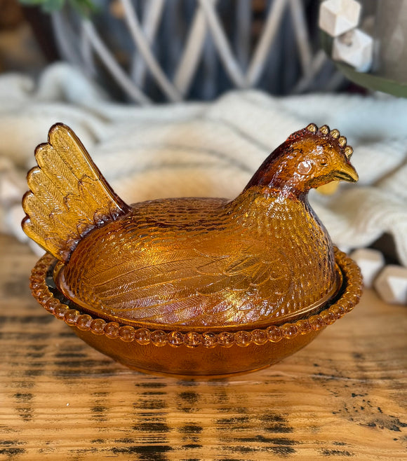 Vintage Amber Carnival Glass Hen on a Nest Dish