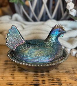 Vintage Indiana Iridescent Blue Carnival Glass Hen on a Nest Dish