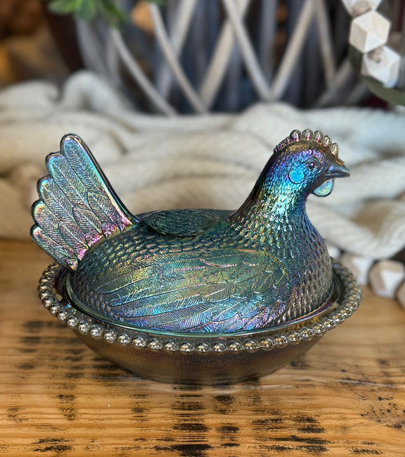 Vintage Indiana Iridescent Blue Carnival Glass Hen on a Nest Dish